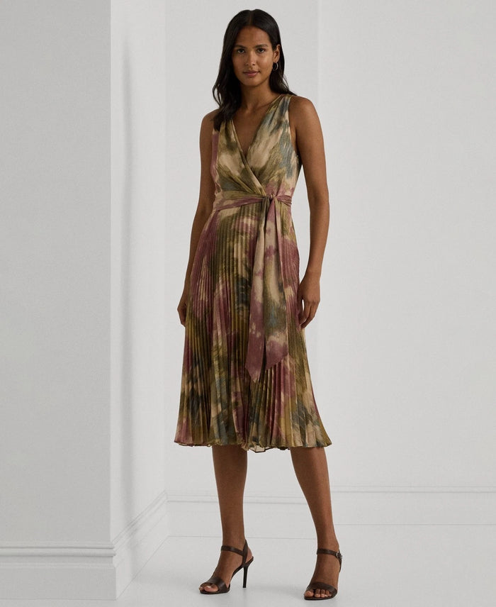 ralph lauren pleated metallic floral dress Lauren Ralph Lauren Sleeveless Floral Metallic Dress clay tan Brown Si