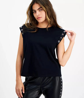 Bar III Petite Crewneck Grommet-Trim-Sleeve Top Black SALE Size PP