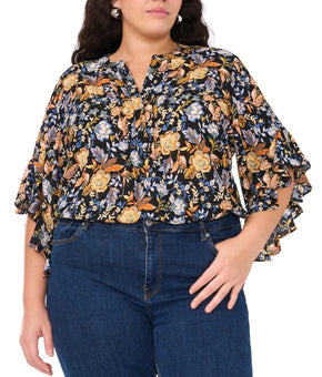 Vince Camuto Plus Size 2X Floral Flutter 3/4-Sleeve Henley Blouse Black $89
