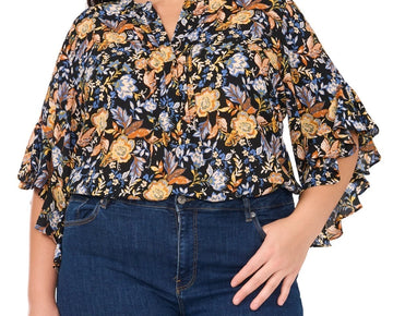 Vince Camuto Plus Size 2X Floral Flutter 3/4-Sleeve Henley Blouse Black $89