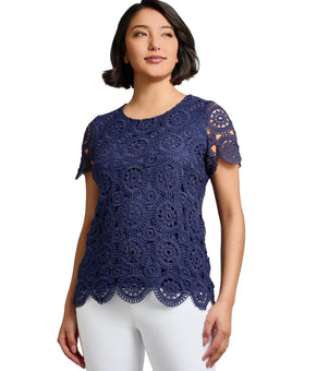 Jones New York Petite Lace T-Shirt Top Navy Blue Size PL MSRP $90