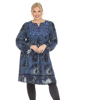 White Mark Plus Size 1X Paisley Flower Embroidered Sweater Dress Blue