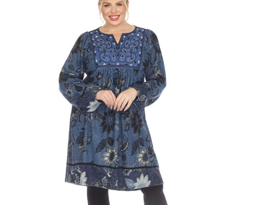 White Mark Plus Size 1X Paisley Flower Embroidered Sweater Dress Blue