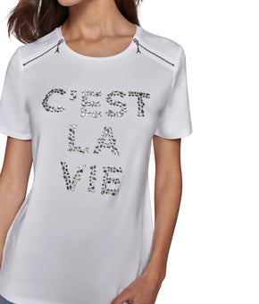 KARL LAGERFELD PARIS Women's Embellished Graphic T-Shirt White Size PXS MSRP $69