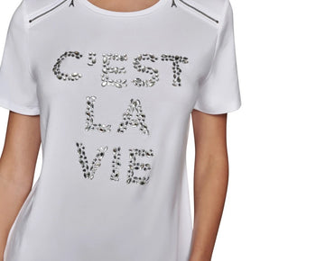 KARL LAGERFELD PARIS Women's Embellished Graphic T-Shirt White Size S MSRP $69