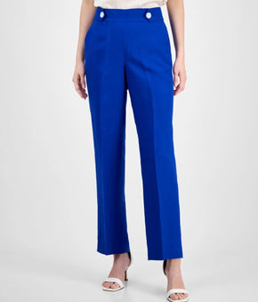 Anne Klein Women Linen Blend High Rise Side-Tab Pull-On Pants Blue Size XXS $99