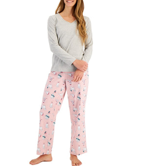 Charter Club V-Neck T-Shirt & Flannel Pants Pajama Set Grey Pink Size M MSRP $60