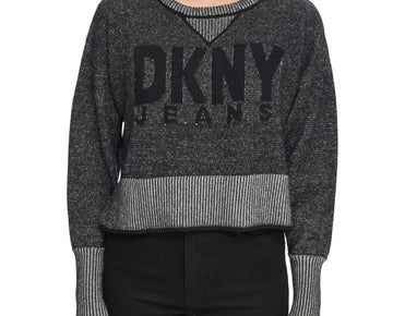 DKNY Jeans Women's Crewneck Long-Sleeve Logo Sweater Gray Size 2XS MSRP $89