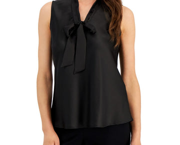 Kasper Women's Sleeveless Matte Satin Tie-Neck Blouse Black Size XL MSRP $59