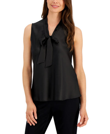 Kasper Women's Sleeveless Matte Satin Tie-Neck Blouse Black Size XL MSRP $59