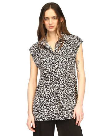 Michael Kors Women's Cheetah-Print Snap-Front Utility Top Black Size M MSRP $110