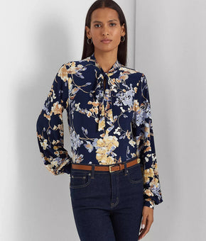 LAUREN RALPH LAUREN Women's Floral Tie-Neck Stretch Jersey Top Navy Size XS $125