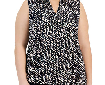 Anne Klein Plus Size 1X Printed Triple-Pleat Sleeveless Top Black MSRP $59