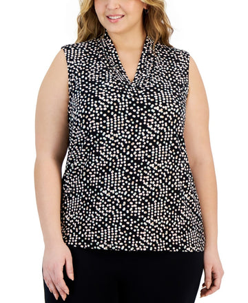 Anne Klein Plus Size 1X Printed Triple-Pleat Sleeveless Top Black MSRP $59