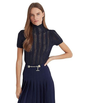 LAUREN Ralph Lauren Pointelle Short Sleeve Turtleneck (French Navy) Size M $145