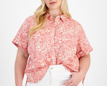Tommy Hilfiger Cotton Cuffed-Sleeve Camp Shirt Mineral Red Plus Size 2X MSRP $60