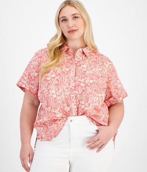 Tommy Hilfiger Cotton Cuffed-Sleeve Camp Shirt Mineral Red Plus Size 3X MSRP $60