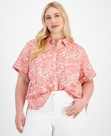 Tommy Hilfiger Cotton Cuffed-Sleeve Camp Shirt Mineral Red Plus Size 0X MSRP $60