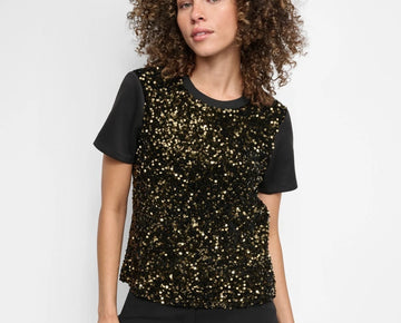 DKNY Women's Crewneck Short-Sleeve Sequin Blouse Black Gold Size L MSRP $89