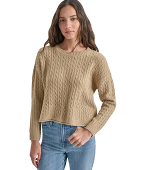 DKNY Jeans Petite Crewneck Cable-Knit Sweater Dark Beige Size PS MSRP $69