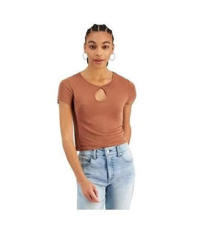 Hippie Rose Shirt Juniors Size XS Brown Keyhole Neck Short Sleeve Stretch