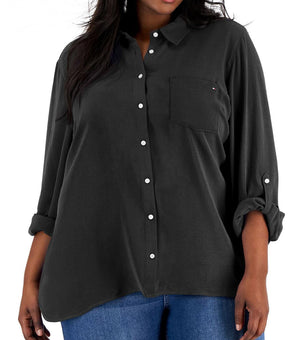 Tommy Hilfiger Womens Plus Collared Button- Down Button-Down Top Size 3X Black