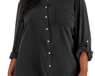 Tommy Hilfiger Womens Plus Collared Button- Down Button-Down Top Size 3X Black