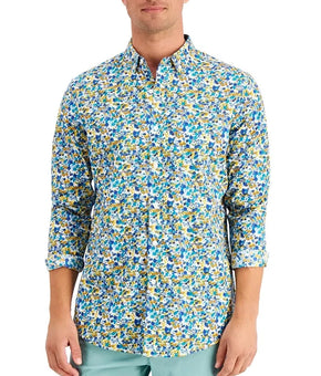Club Room Regular-Fit Stretch Ditsy Floral-Print Poplin Shirt Blue Size L $55