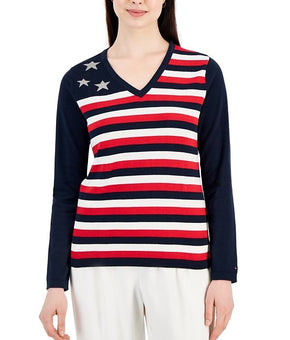Tommy Hilfiger Women's Cotton Colorblocked Flag V-Neck Sweater SZ XS $69.50