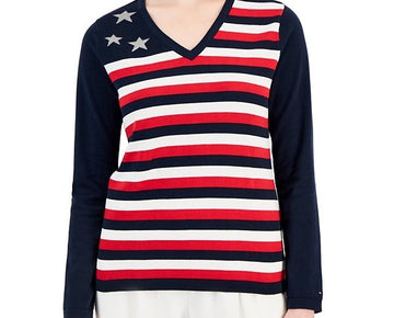 Tommy Hilfiger Women's Cotton Colorblocked Flag V-Neck Sweater SZ XS $69.50