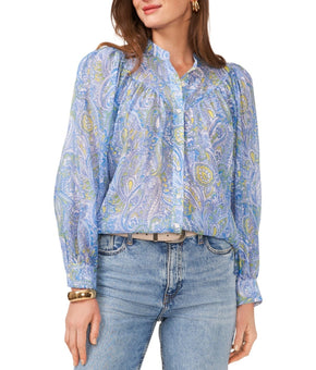 Vince Camuto Women Printed Raglan Sleeve Button-Front Top Blue Size XL MSRP $89