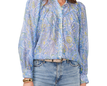 Vince Camuto Women Printed Raglan Sleeve Button-Front Top Blue Size XL MSRP $89