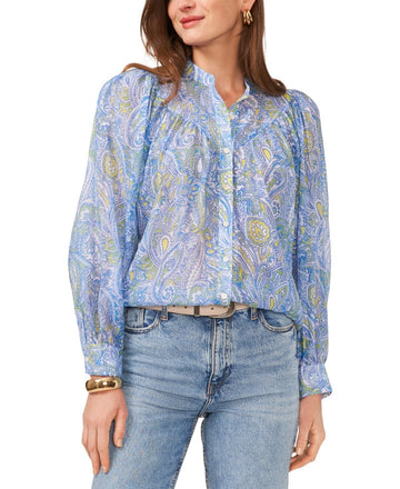 Vince Camuto Women's Printed Raglan Sleeve Button-Front Top Blue Size M MSRP $89