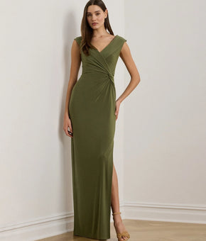 Lauren Ralph Lauren Jersey Off-the-Shoulder Gown Olive Green Size 18 MSRP $225