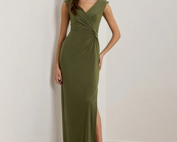 Lauren Ralph Lauren Jersey Off-the-Shoulder Gown Olive Green Size 18 MSRP $225