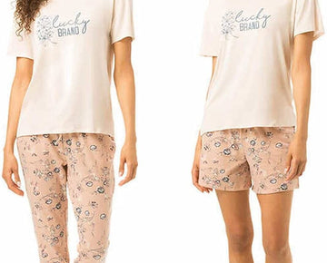 Lucky Brand Women's 3 Piece Pajama Set, Tee, Short, and Pant Pink Size L