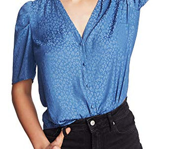 1. STATE Womens Blue Animal Print Pouf V Neck Blouse Wear to Work Top Size L