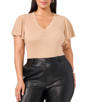 Vince Camuto Plus Size Metallic Flutter-Sleeve Top Gold Beige Size 2X MSRP $79