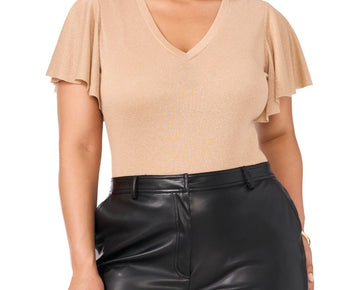 Vince Camuto Plus Size Metallic Flutter-Sleeve Top Gold Beige Size 2X MSRP $79