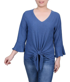 NY Collection Petite Large PL 3/4 Bell Sleeve Textured Knit Top BLUE $43
