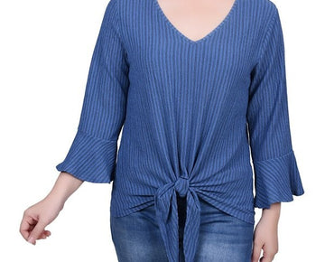NY Collection Petite Large PL 3/4 Bell Sleeve Textured Knit Top BLUE $43