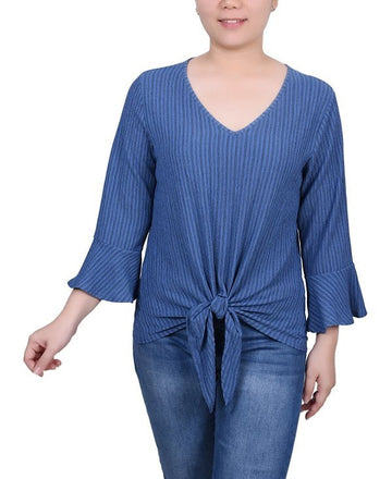 NY Collection Petite Large PL 3/4 Bell Sleeve Textured Knit Top BLUE $43