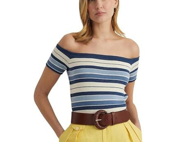 Lauren Ralph Lauren Womens Striped Off-The-Shoulder Blue Size L MSRP $125