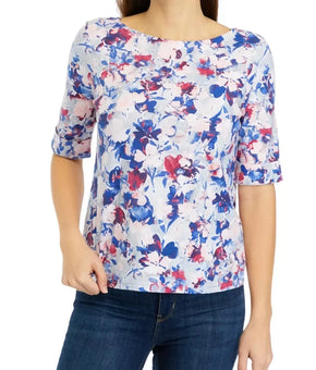 Gloria Vanderbilt Women Alanis Printed Cuffed-Sleeve T-Shirt Blue Flower Size M