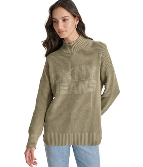 DKNY Jeans Women's Mock Neck Logo Sweater Olive Green Size S MSRP $99