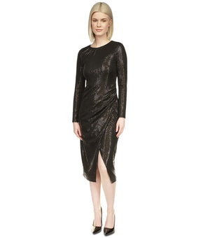 Michael Kors Crewneck Long-Sleeve Metallic Midi Dress Black Size XL MSRP $185