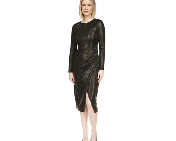 Michael Kors Crewneck Long-Sleeve Metallic Midi Dress Black Size XL MSRP $185