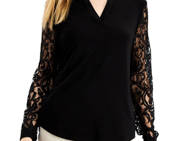 Kasper Petites Lace Sleeves Mandarin Collar Pullover Top Black Size PS MSRP $79