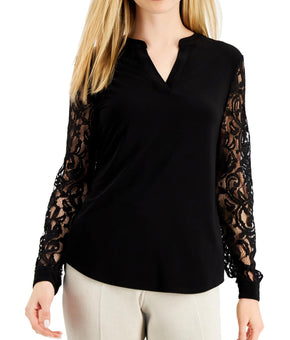 Kasper Womens Petites Lace Sleeves Mandarin Collar Pullover Top Black Size PM