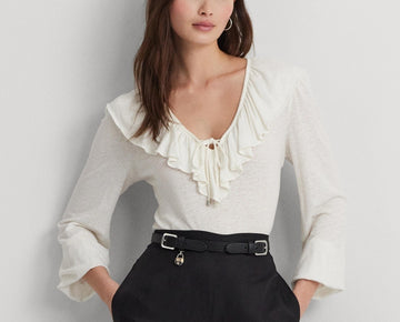 Lauren Ralph Lauren Women's Ruffled Blouson-Sleeve Top Ivory Size L MSRP $115